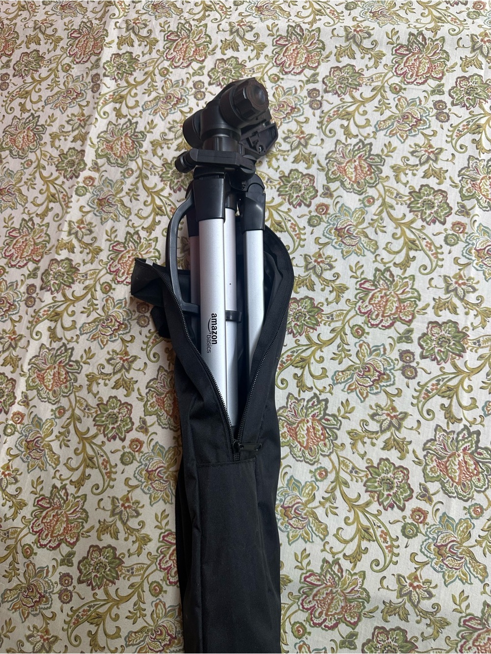 Amazon Essentials Silver and Black Camera Tripod with Carry Sleeve
